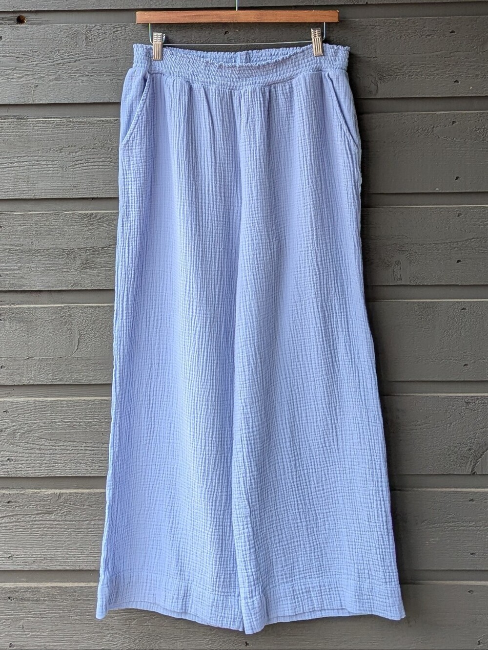 Women's Soft Gauze Wide Leg Ankle Pant Baby Blue Size Large 100% Cotton